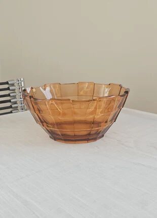 Vintage amber glass fruit bowl with geometric patterns - Art Deco style