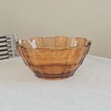 Vintage amber glass fruit bowl with geometric patterns - Art Deco style