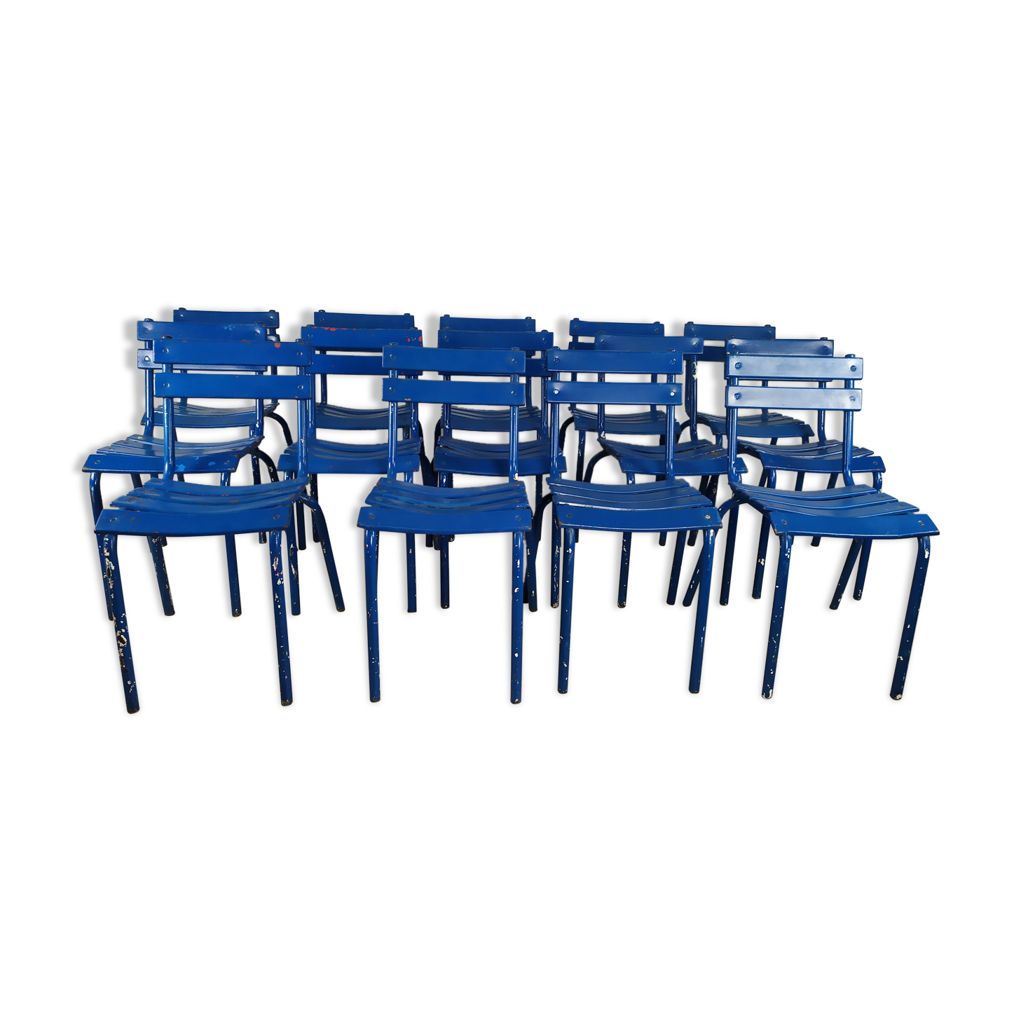 14 blue metal bistro chairs