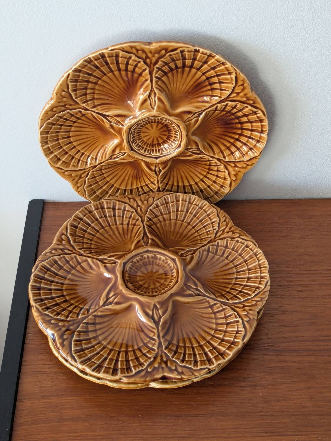 Set of 3 vintage brown Sarreguemines majolica oyster plates.