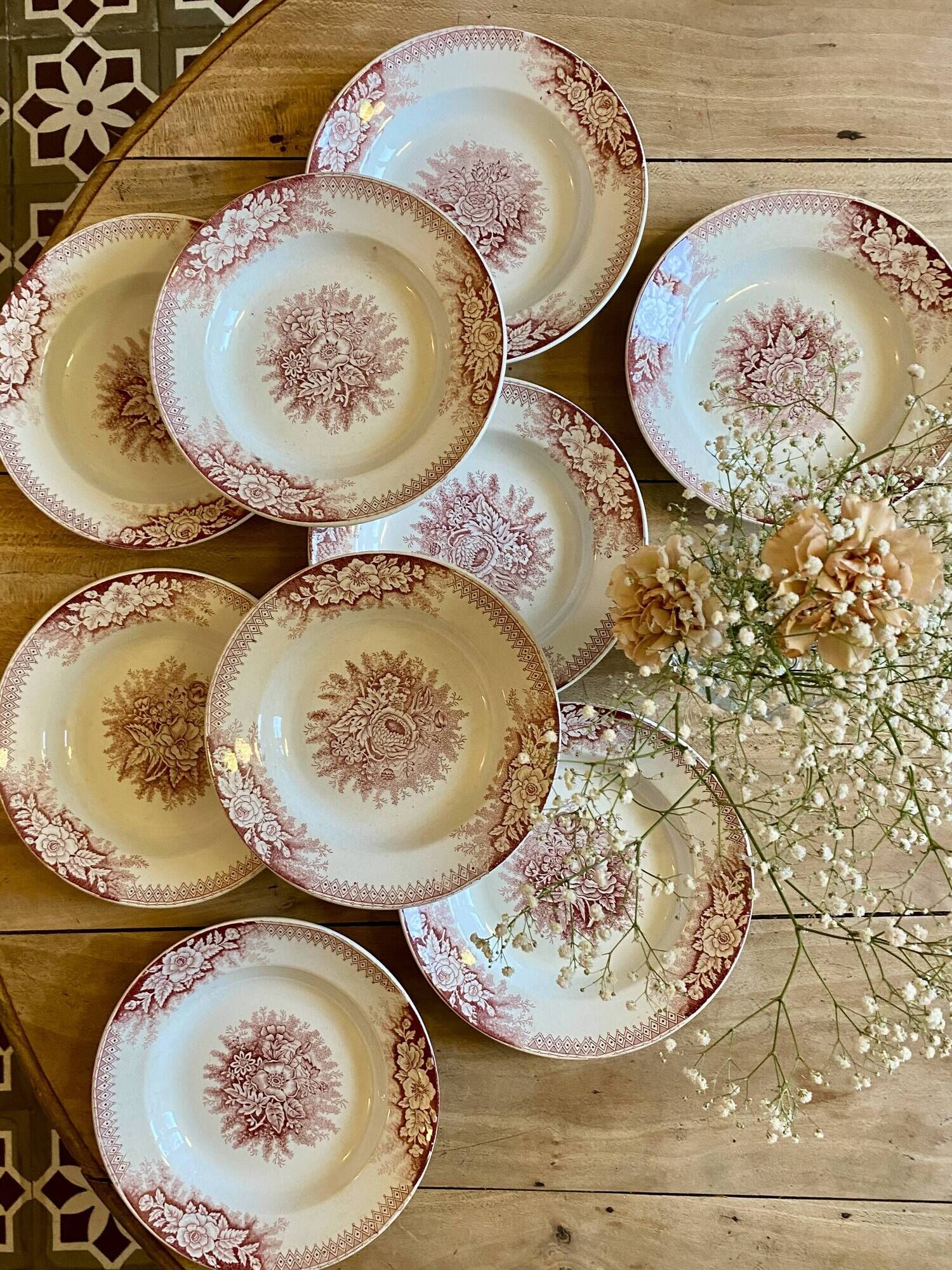 Set of 9 old ironstone hollow plates - Jardinière de Saint Amand