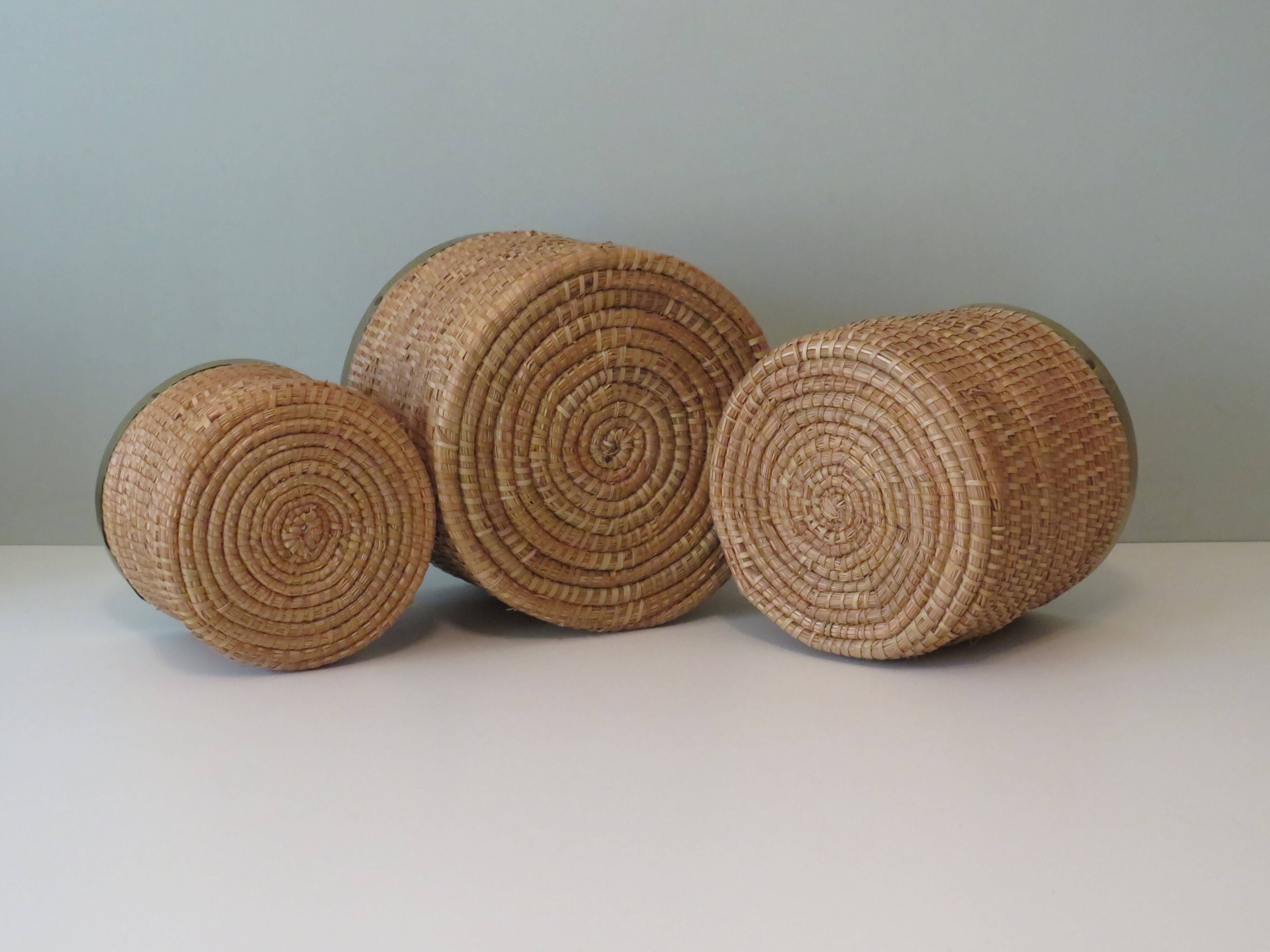 Ensemble de 3 cache-pots vintage en roseau et laiton, Italie 1970