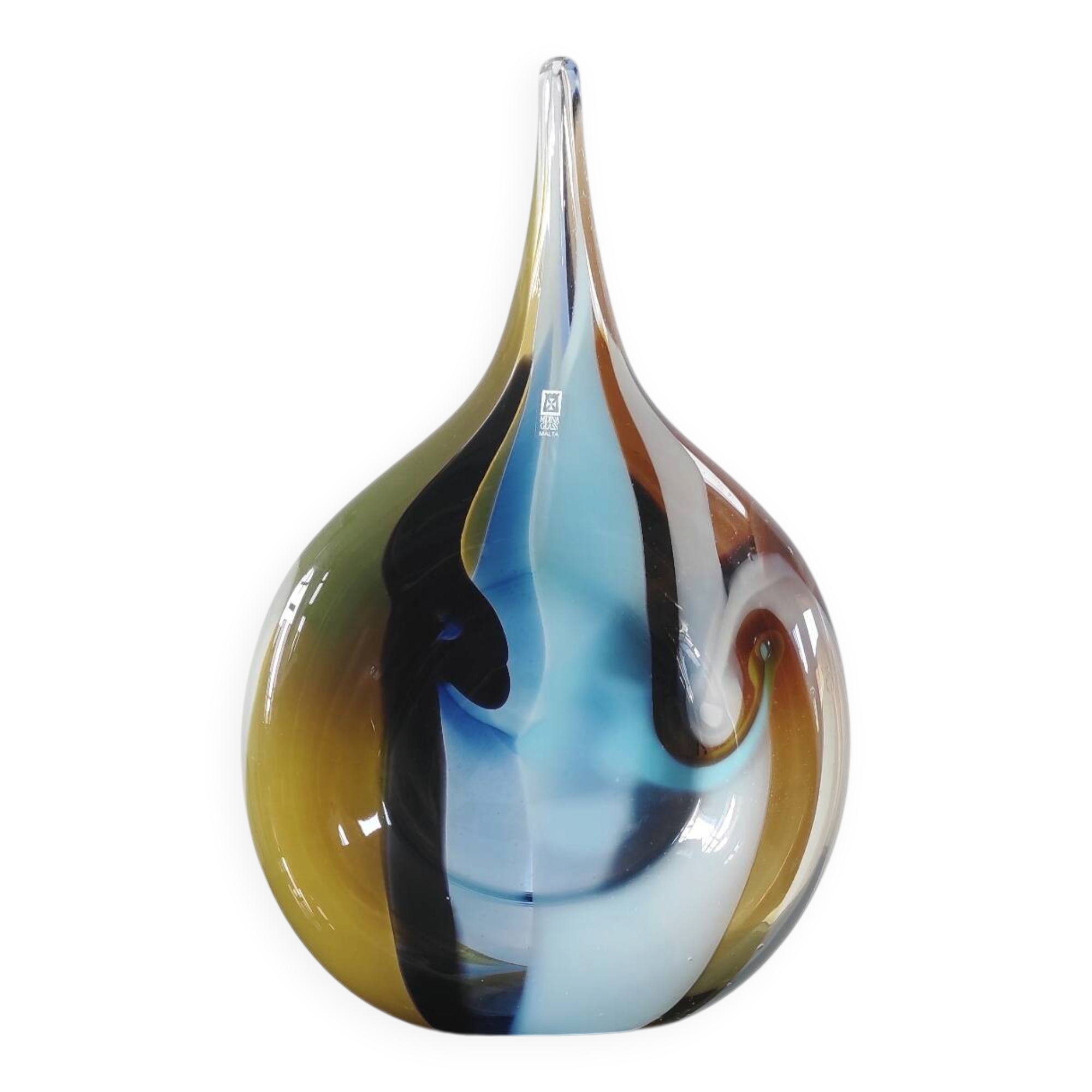 Large sculptural drop vase made of blown glass signed Mdina Glass Malta.