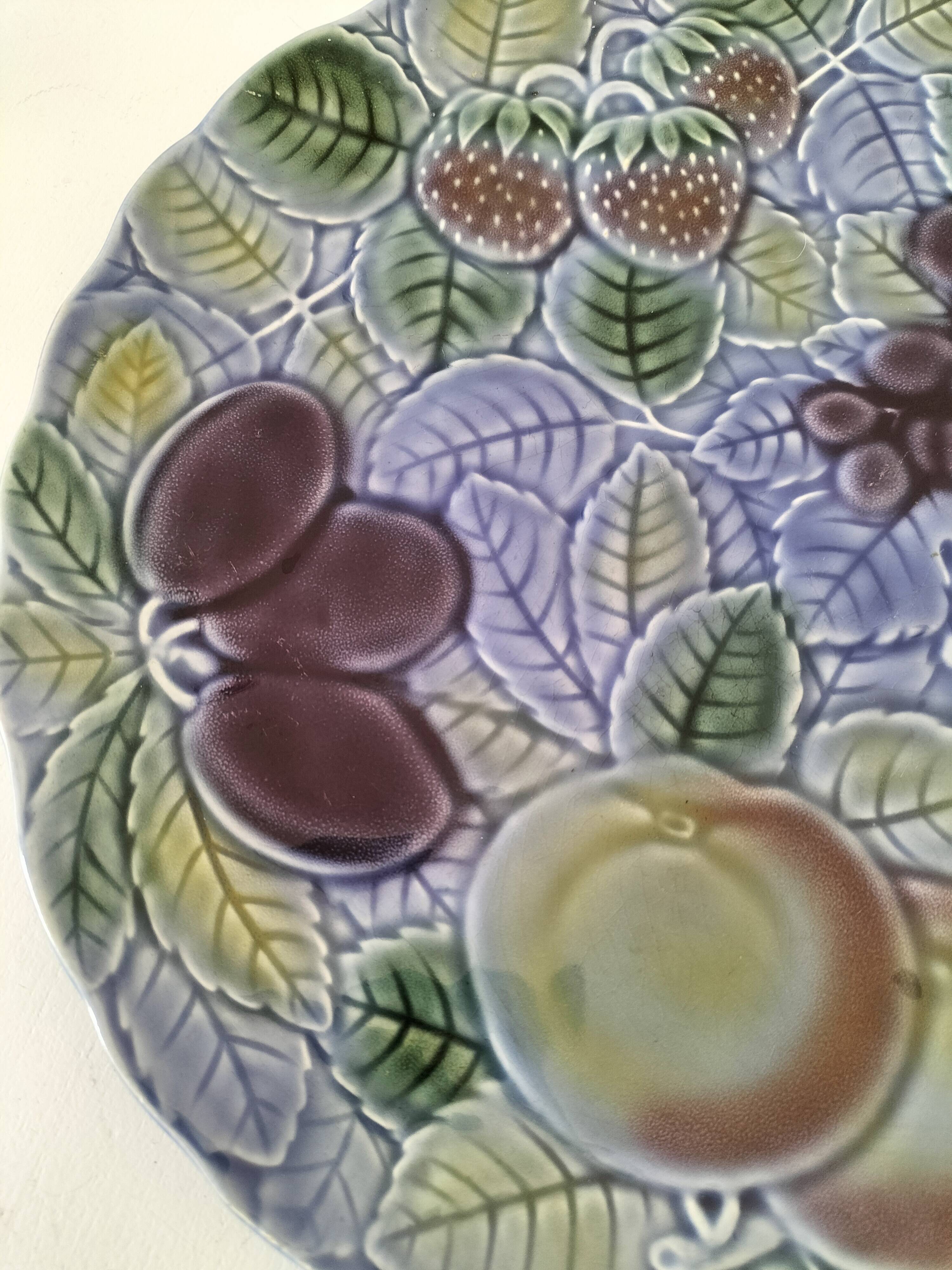 Large barbotine plate Salins blue lavender 80s