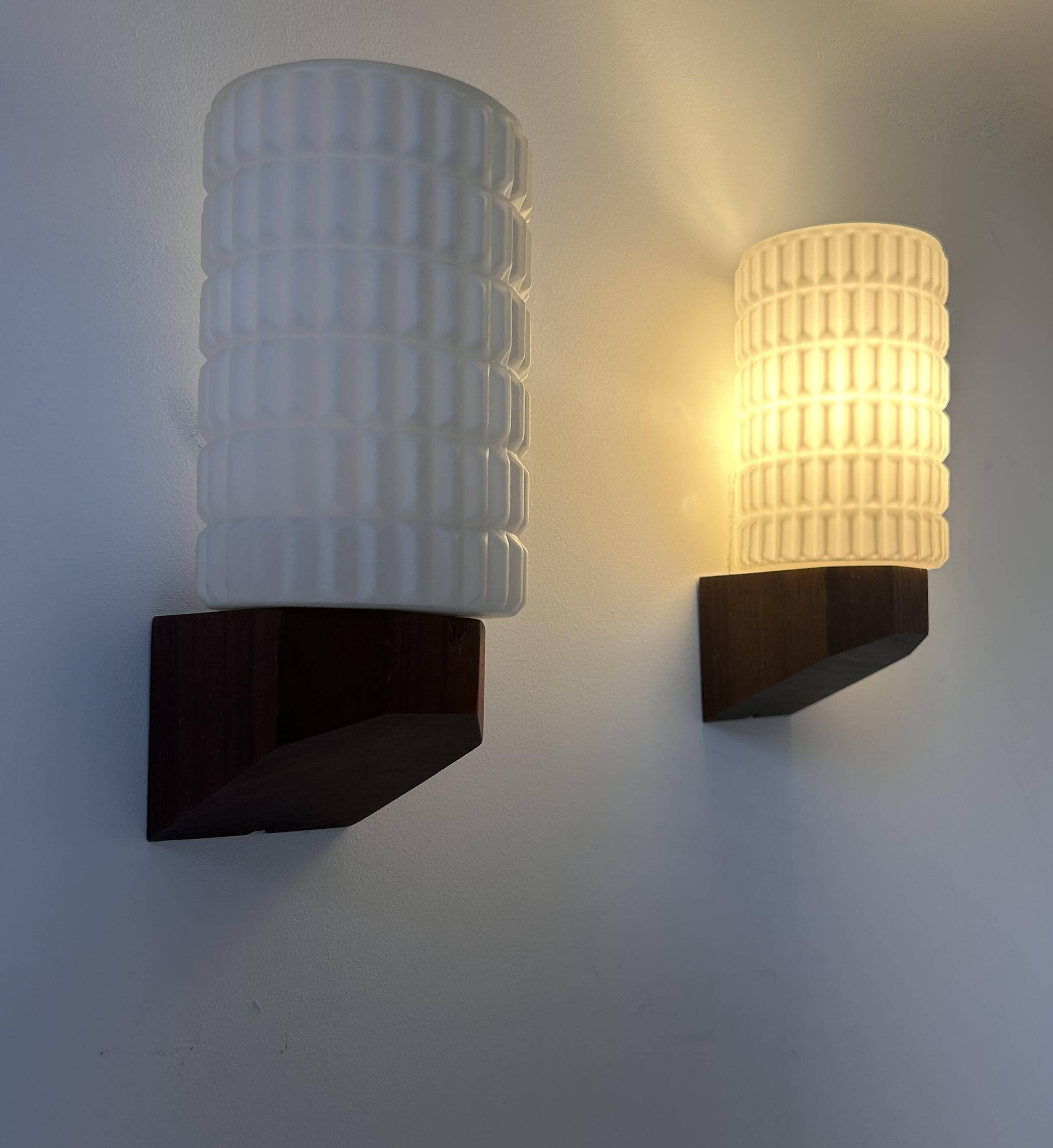Pair of vintage wall lights, teak and opaline, Philips Netherlands 1950