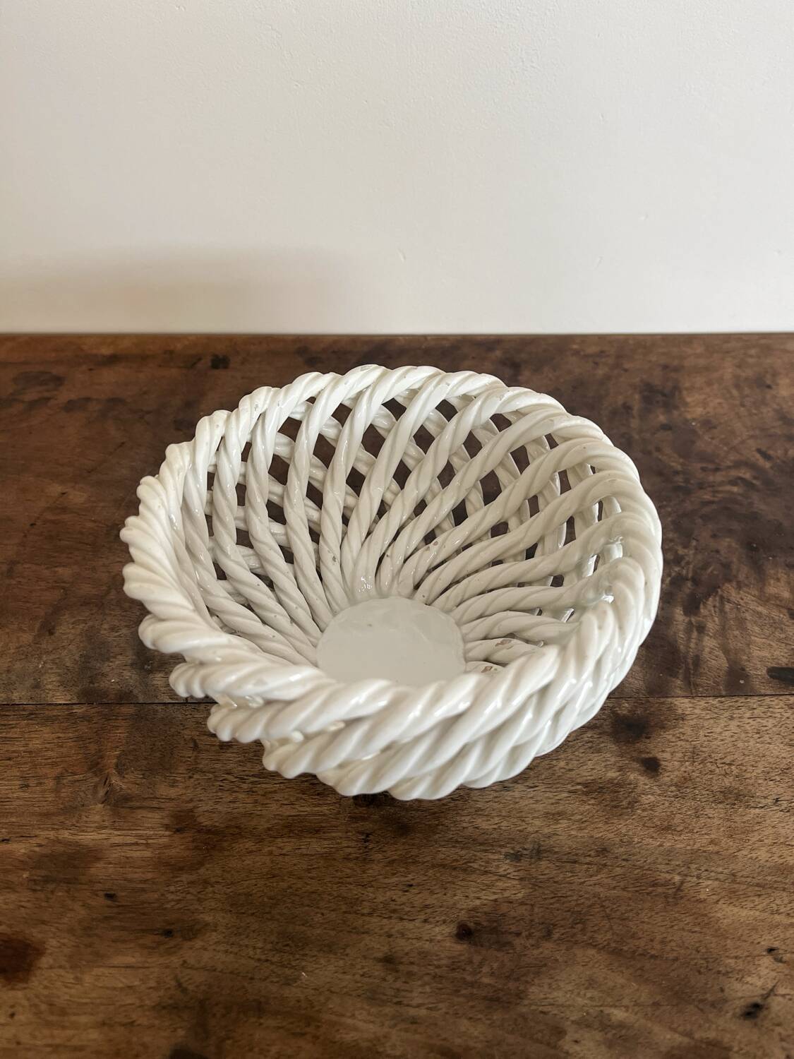 Small vintage white woven ceramic basket