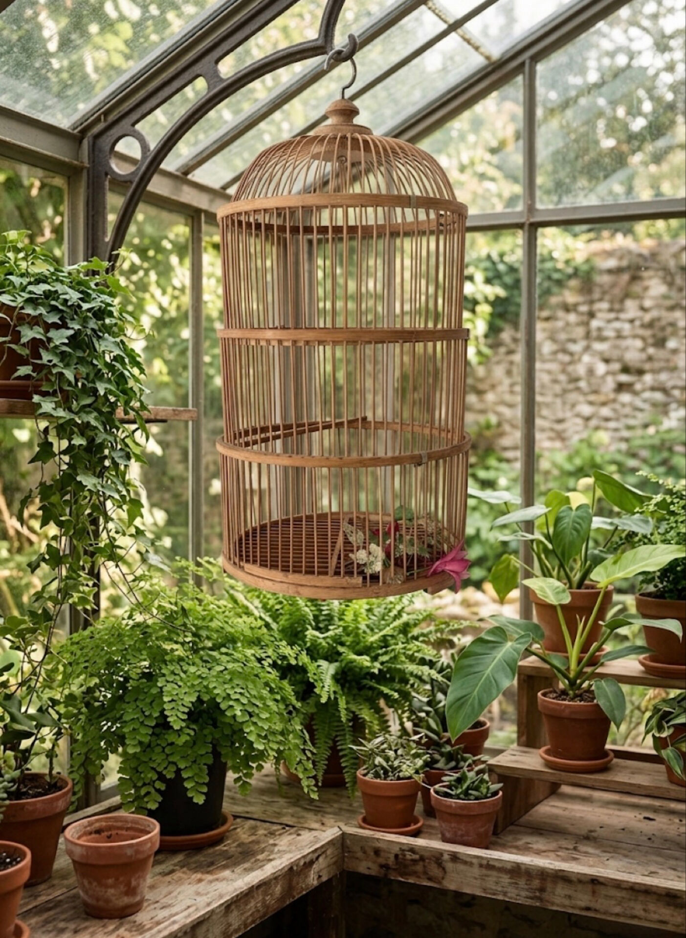 Large bamboo and rattan birdcage from the 1970s.
