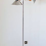 Three-light floor lamp in wood and chrome metal, Spain 1970s.