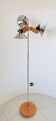 Three-light floor lamp in wood and chrome metal, Spain 1970s.