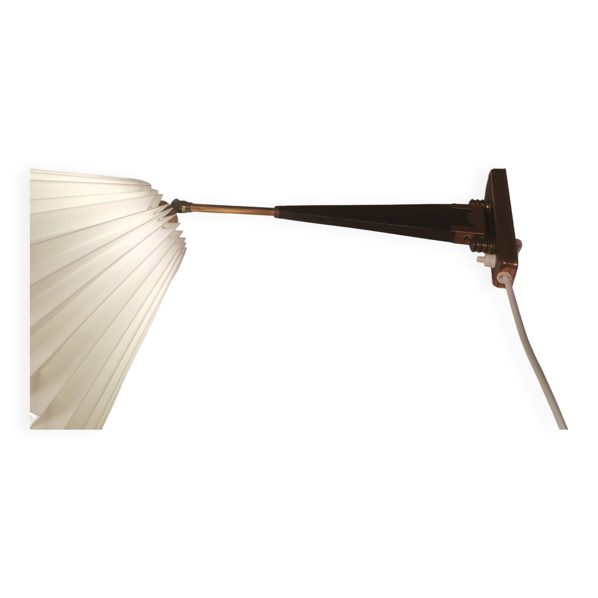 Wall lamp with adjustable ‘arm’ in copper and rosewood, with white shade.
