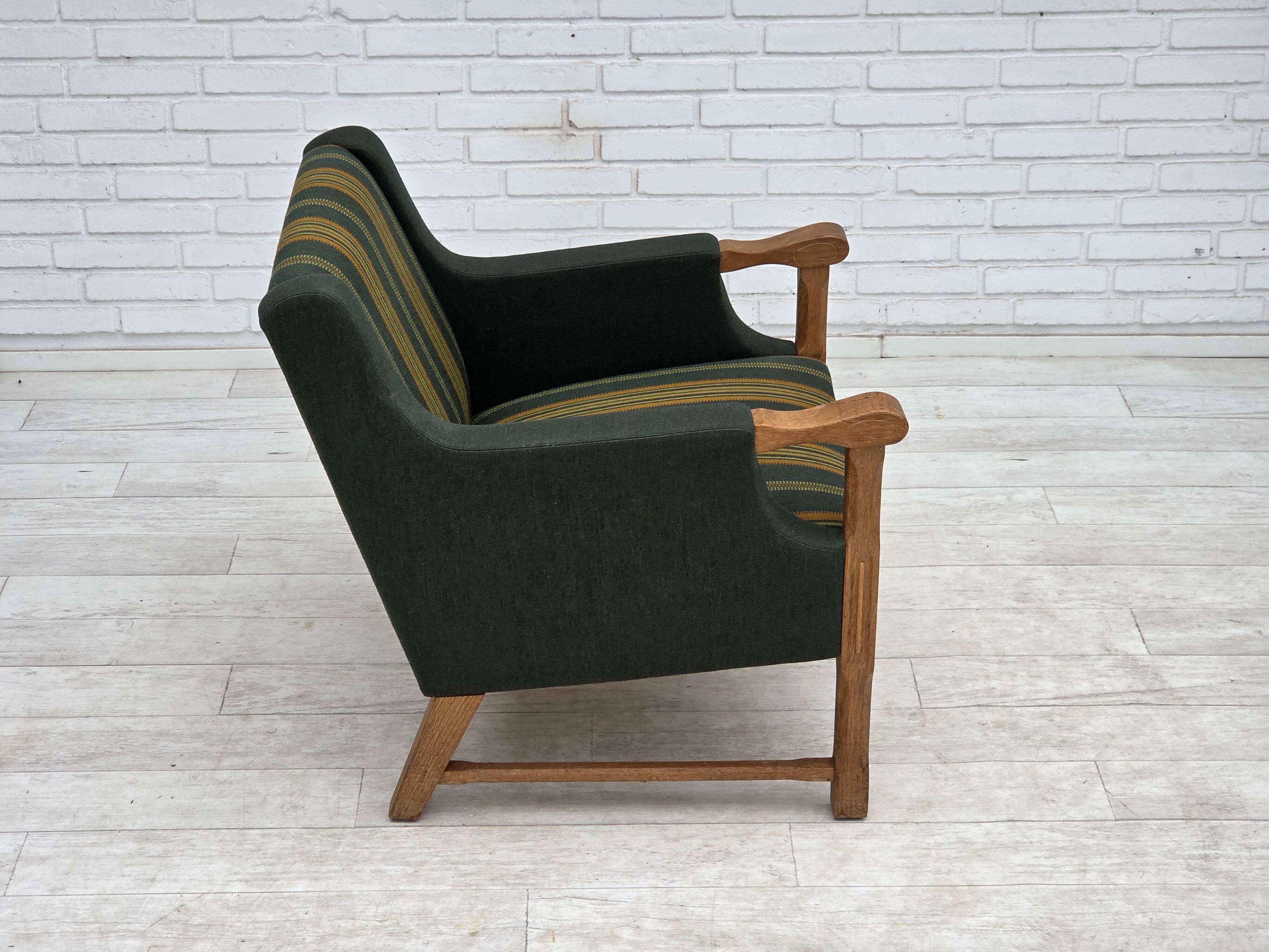 1970s, Danish armchair, green furniture wool, solid oak wood.