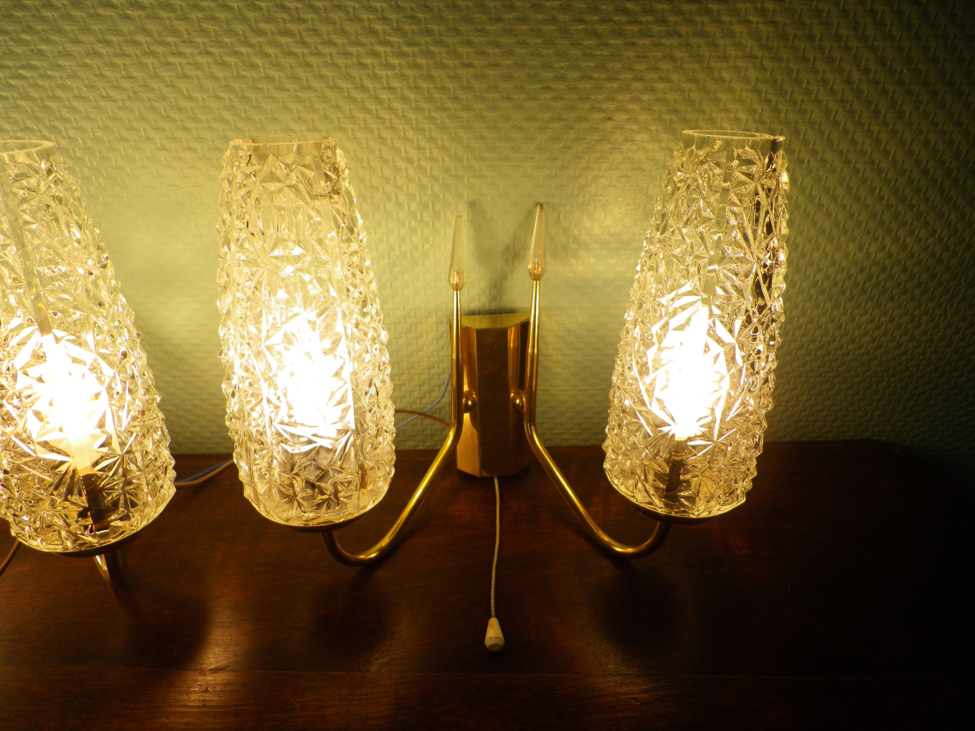 Wall lamps double lighting, with drawer, gilded metal, lampshade in worked glass - 1970