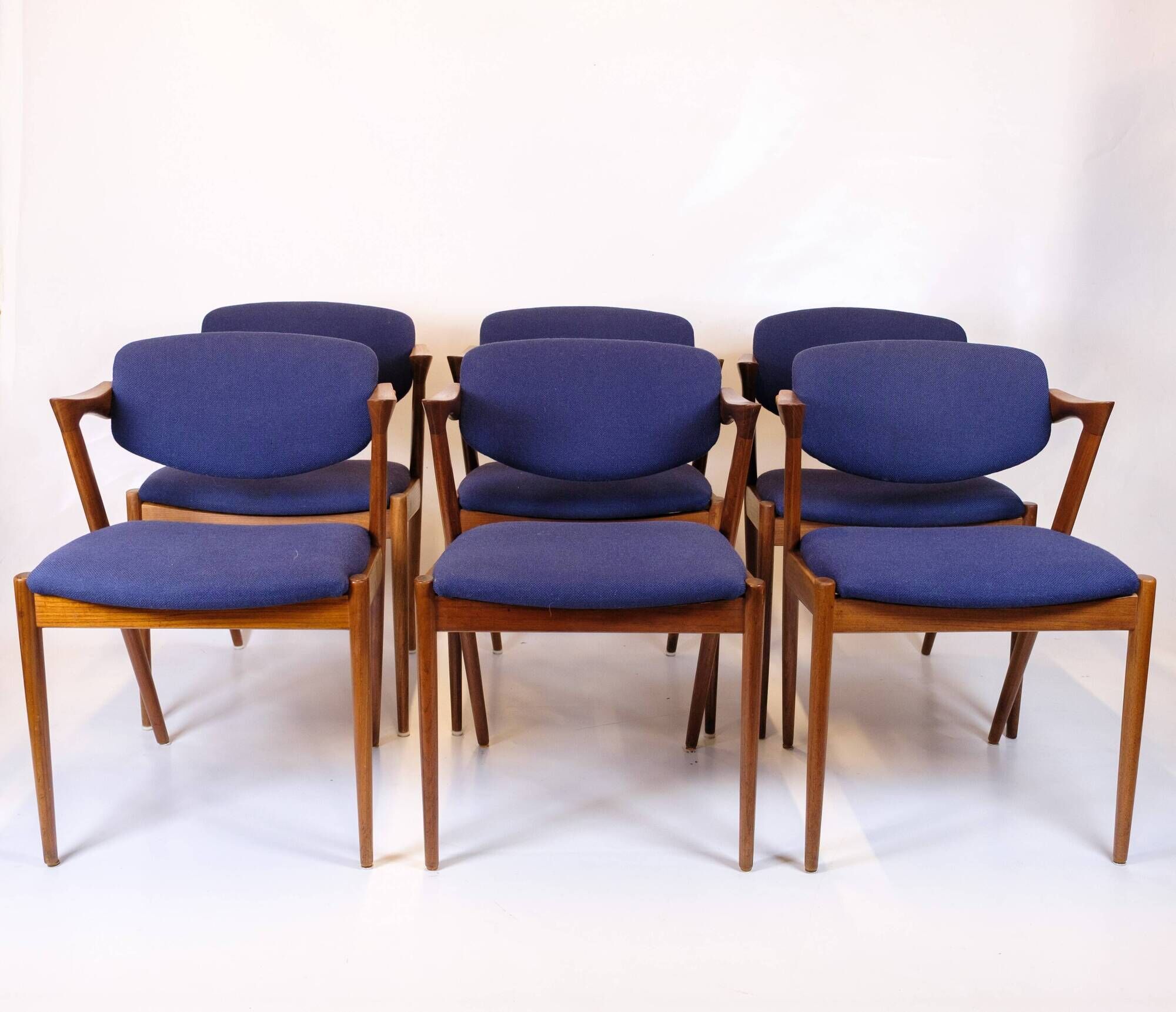 Set of six dining chairs - Model 42 - teak & blue fabric - Kai Kristiansen - Schou Andersen - 1960s