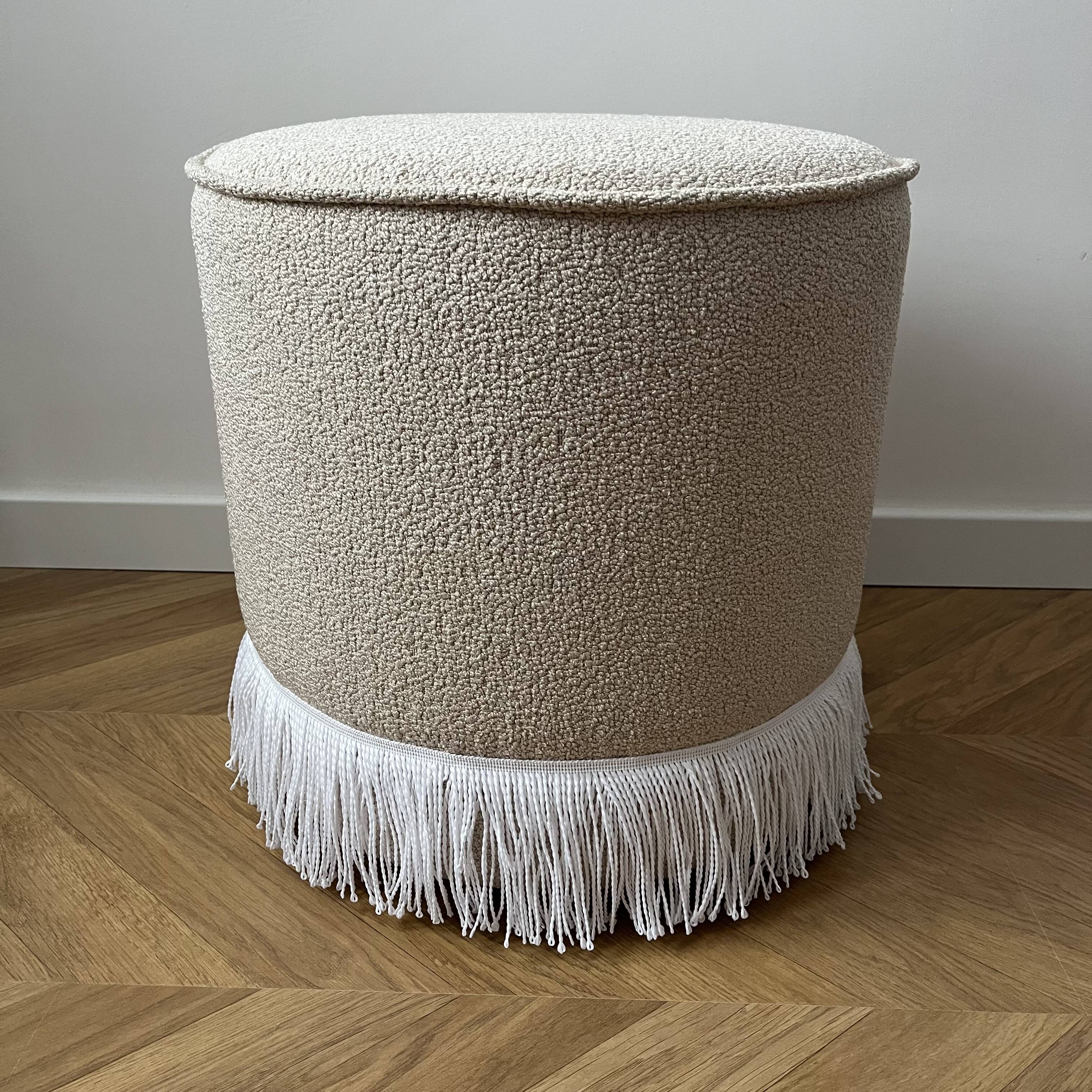 Round Ottoman with Fringe Bottom, Cream Boucle Upholstered Pouf