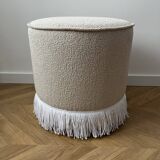 Round Ottoman with Fringe Bottom, Cream Boucle Upholstered Pouf
