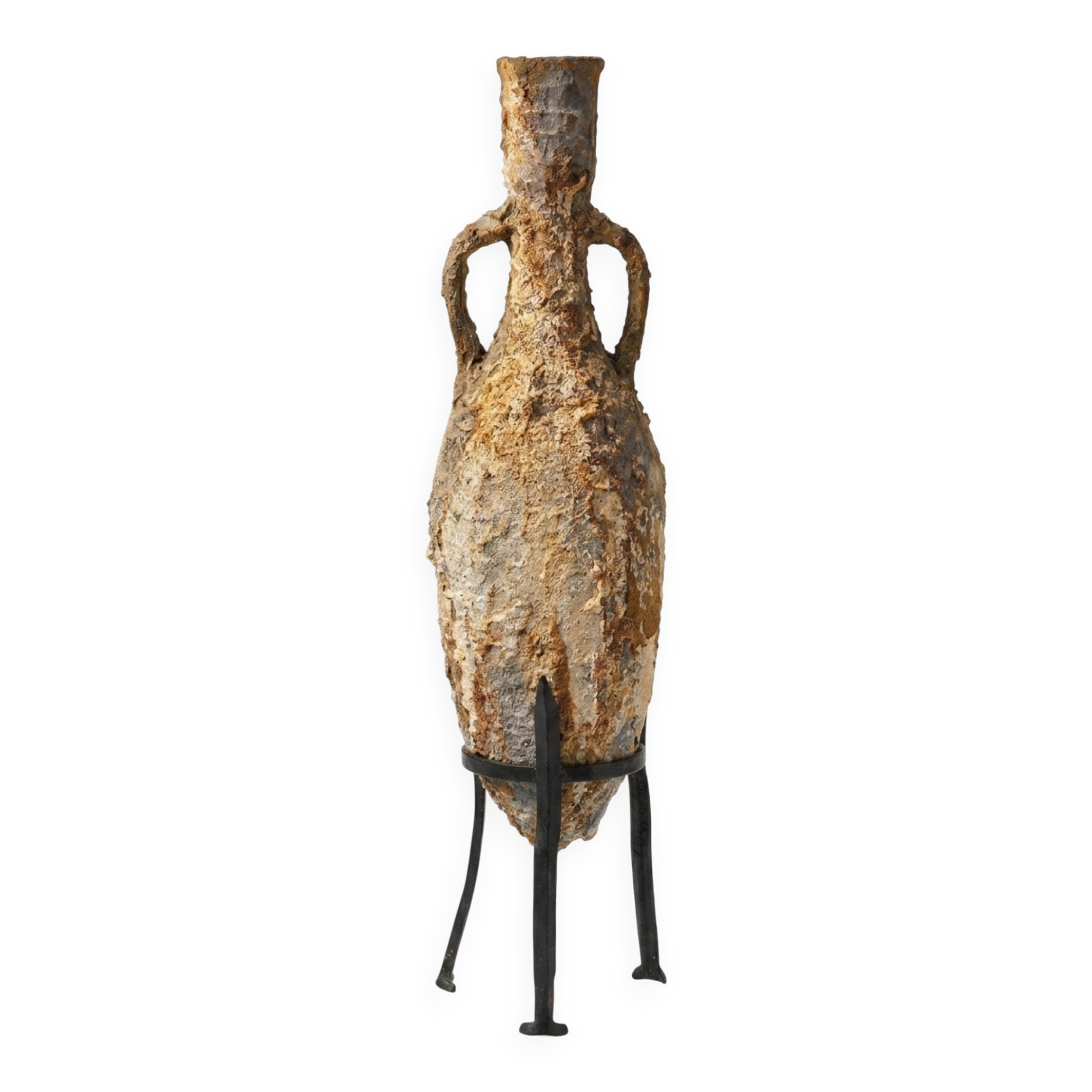Genuine Roman amphora from marine excavation with its forged iron base.