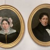 Oil on canvas Pair of portraits in gilded oval frames, 19th century