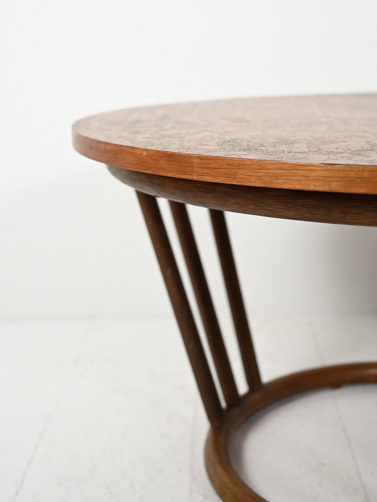 Scandinavian round bamboo and copper coffee table