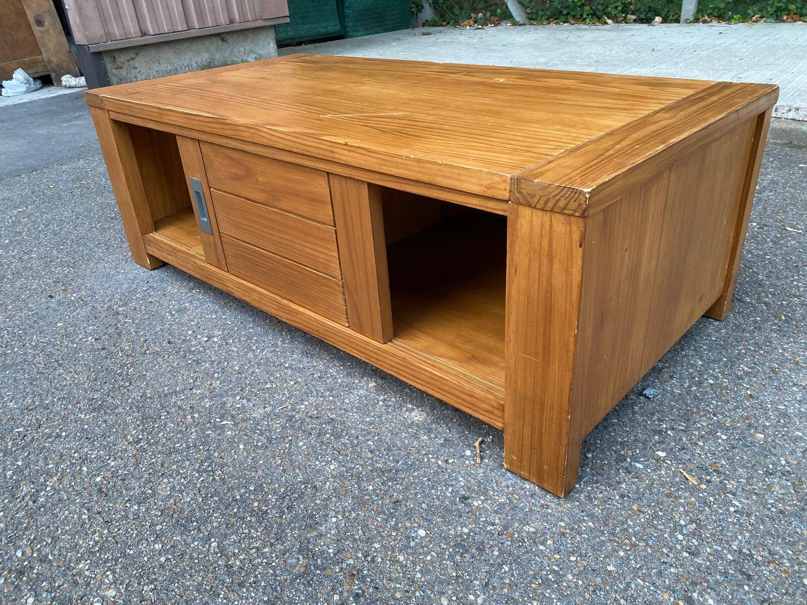 Solid wood coffee table with sliding door, stained pine, 120x60cm.