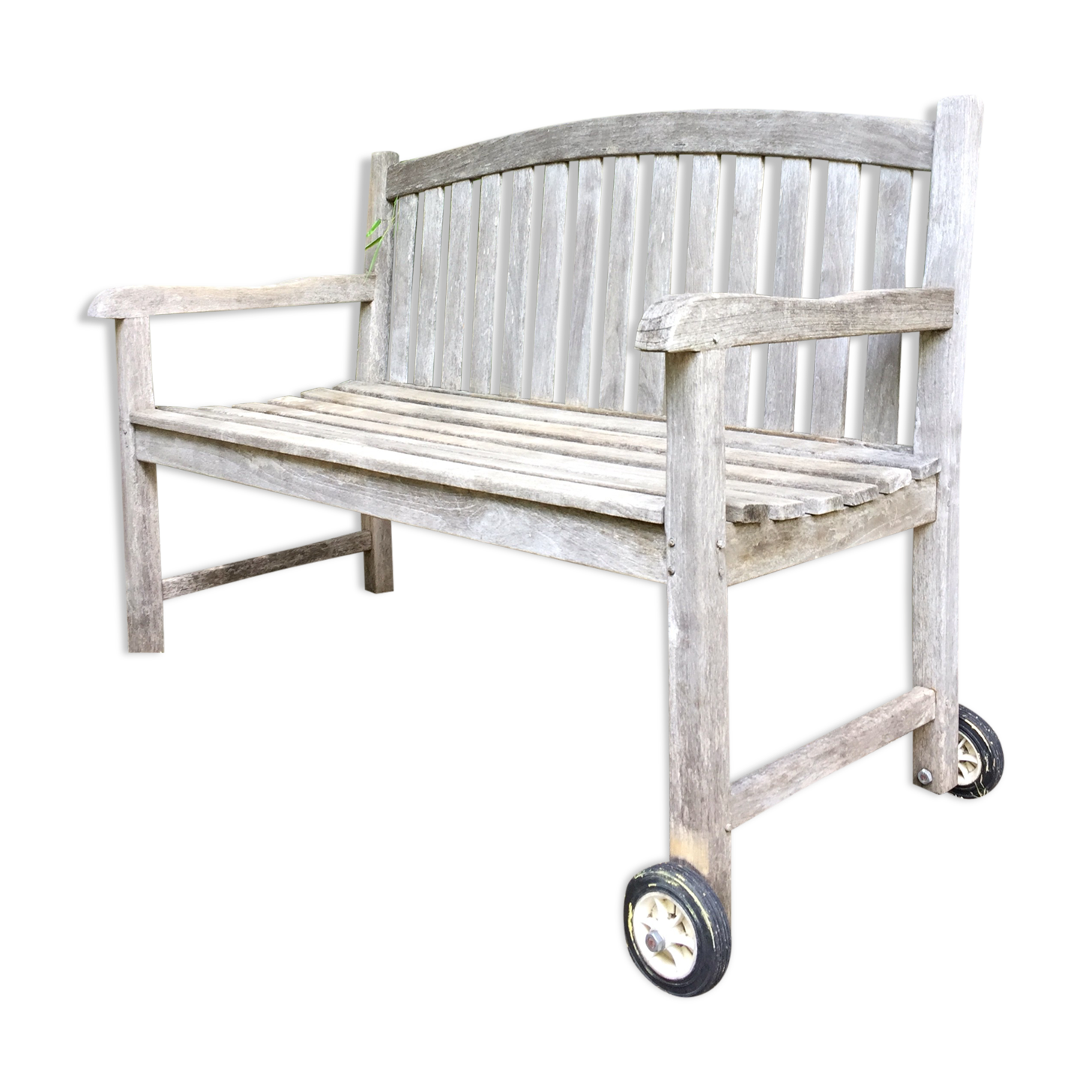Vintage wooden garden bench with wheels