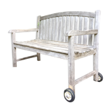 Vintage wooden garden bench with wheels