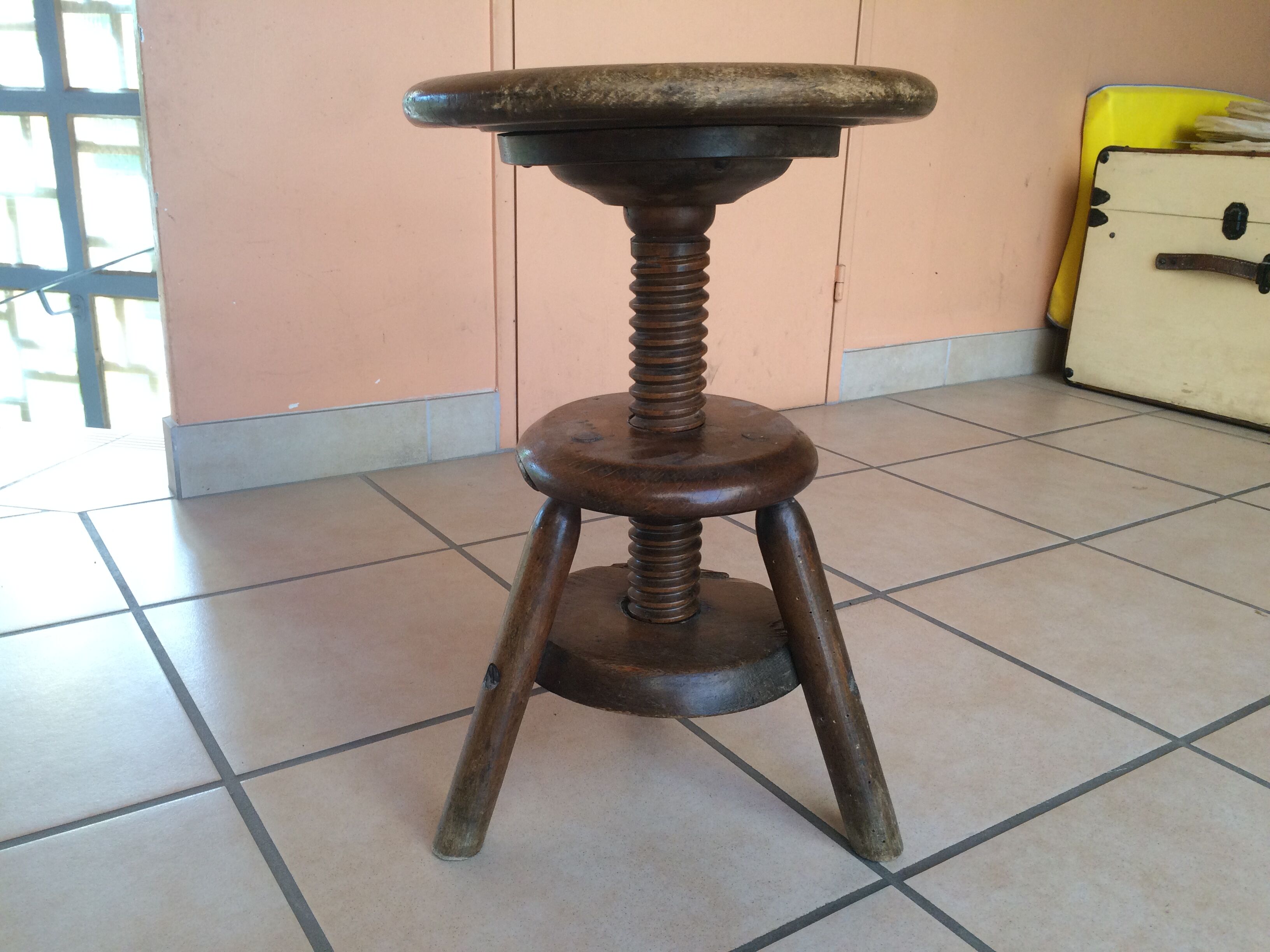 Old solid oak stool adjustable in height 50
