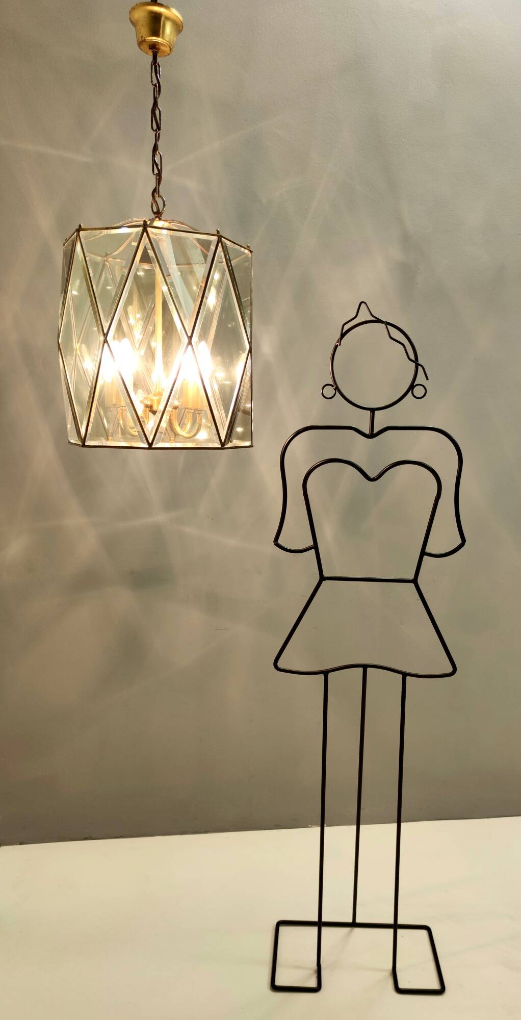Handmande Octagonal Glass and Brass Pendant Lantern, Italy