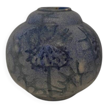 Vase en céramique émaillée bleu à décor de chardon