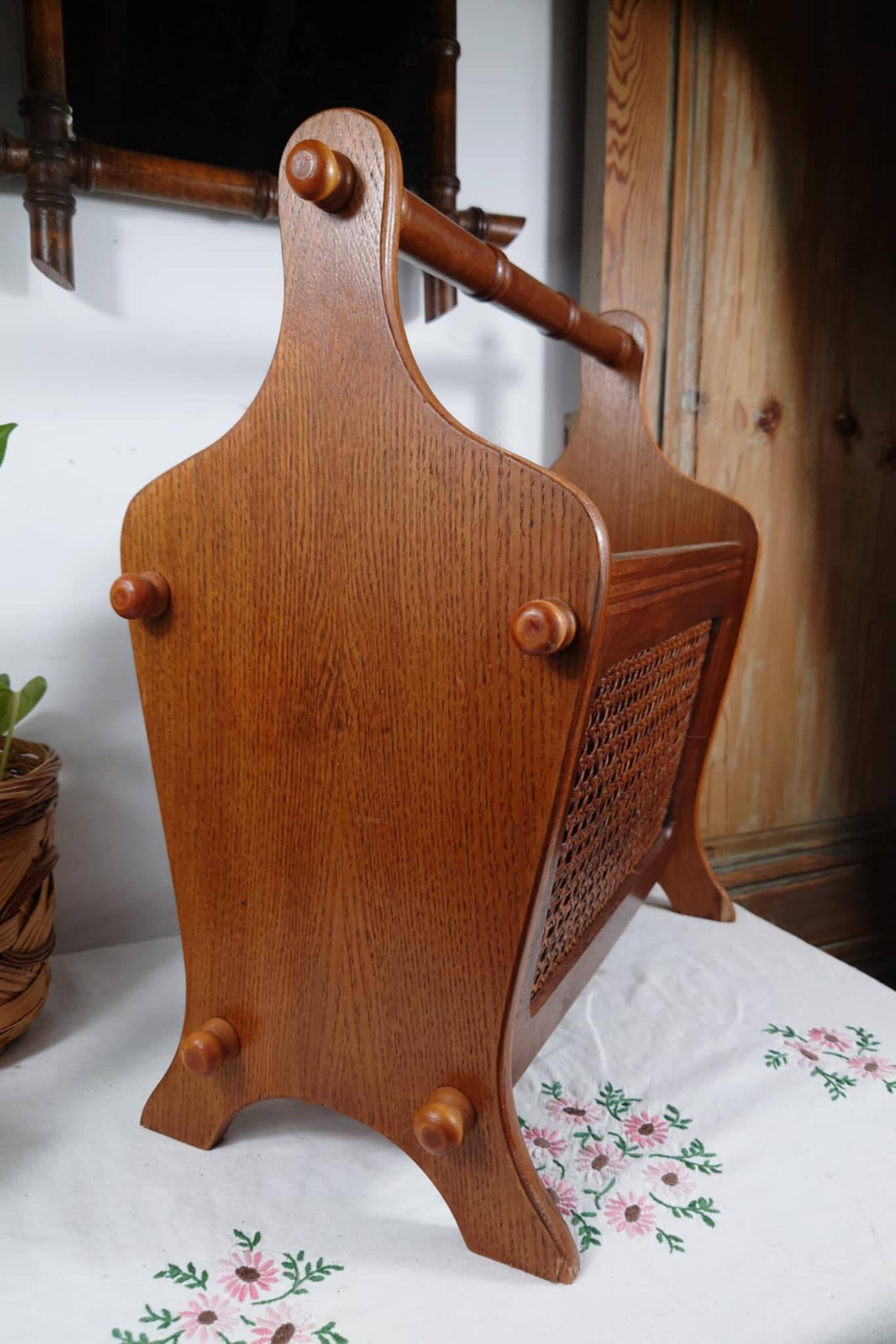 Antique wooden and cane magazine rack