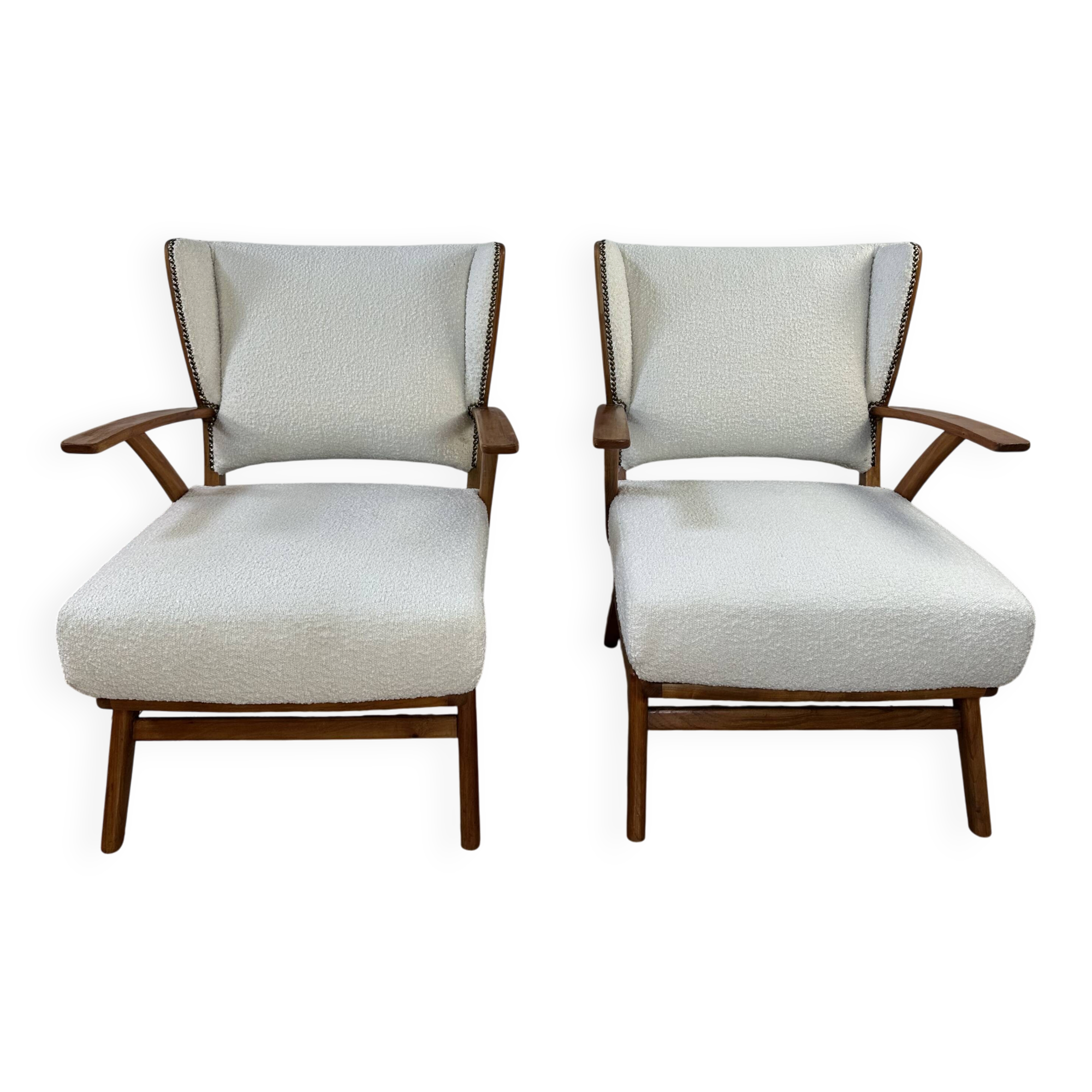 Armchairs (the pair) wood and boucle fabric 1950s