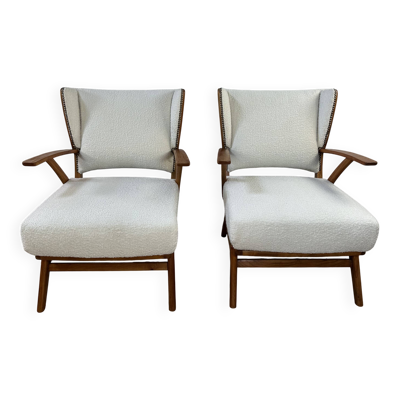 Fauteuils (la paire) bois et tissus bouclés 1950'S