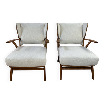 Armchairs (the pair) wood and boucle fabric 1950s
