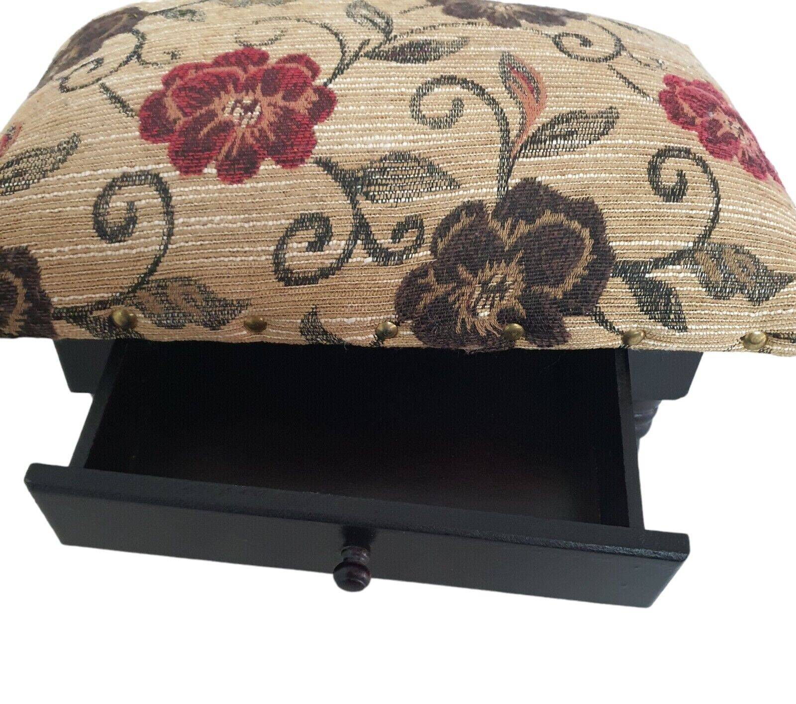 Foot Rest Stool Upholstered Floral Velvet Fabric With Drawer Vintage Deco