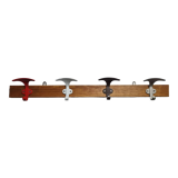 Coat rack in brass and wood, 4 double hooks colored vintage, 76 cm