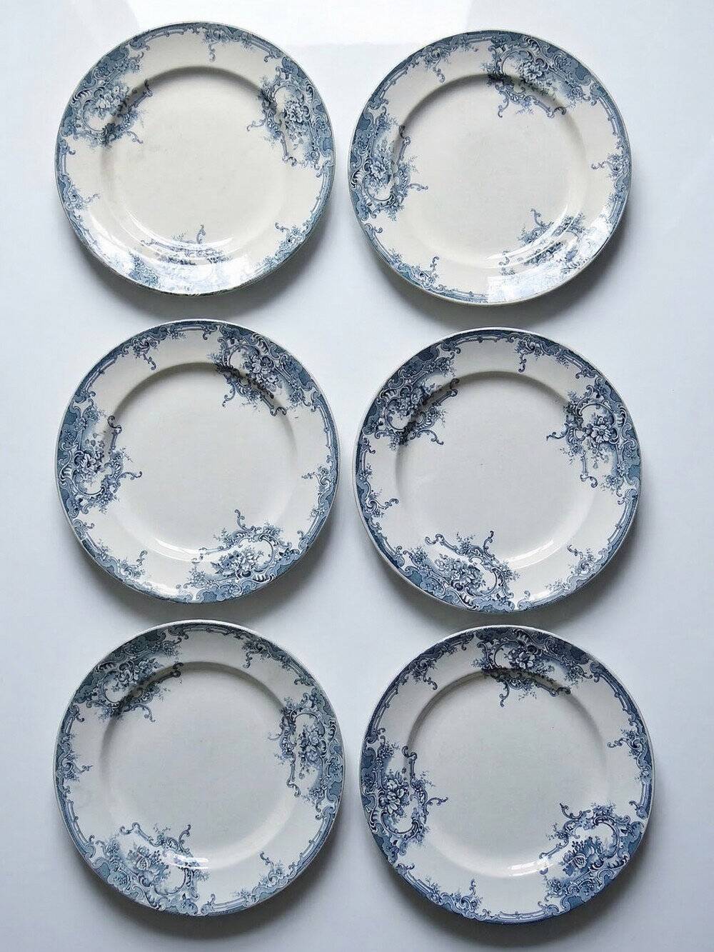 6 antique Boch Frères Keramis plates, Dauphin model, blue decoration, 19th-20th century.