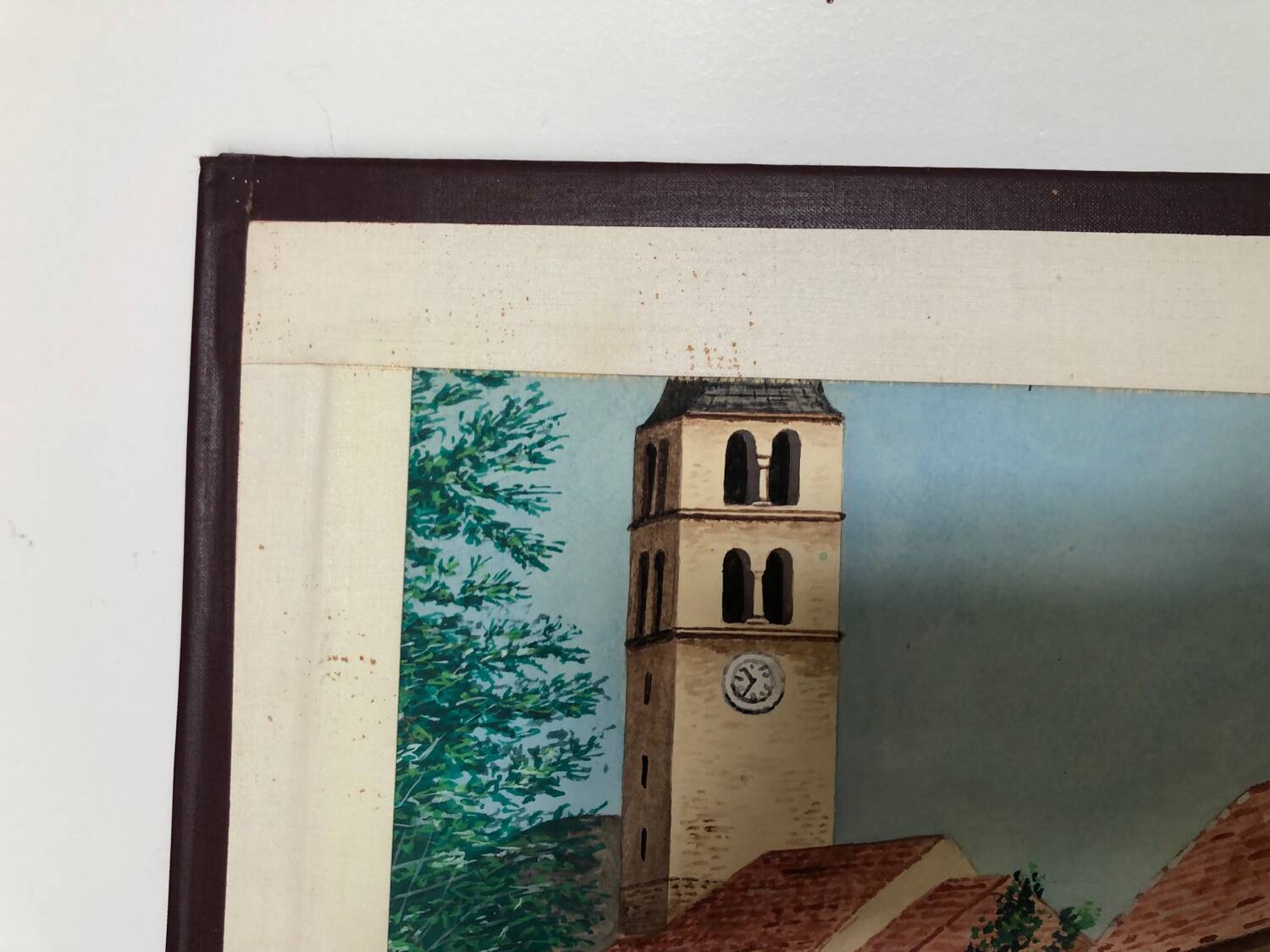Framed drawing painting mountain village