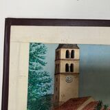 Framed drawing painting mountain village