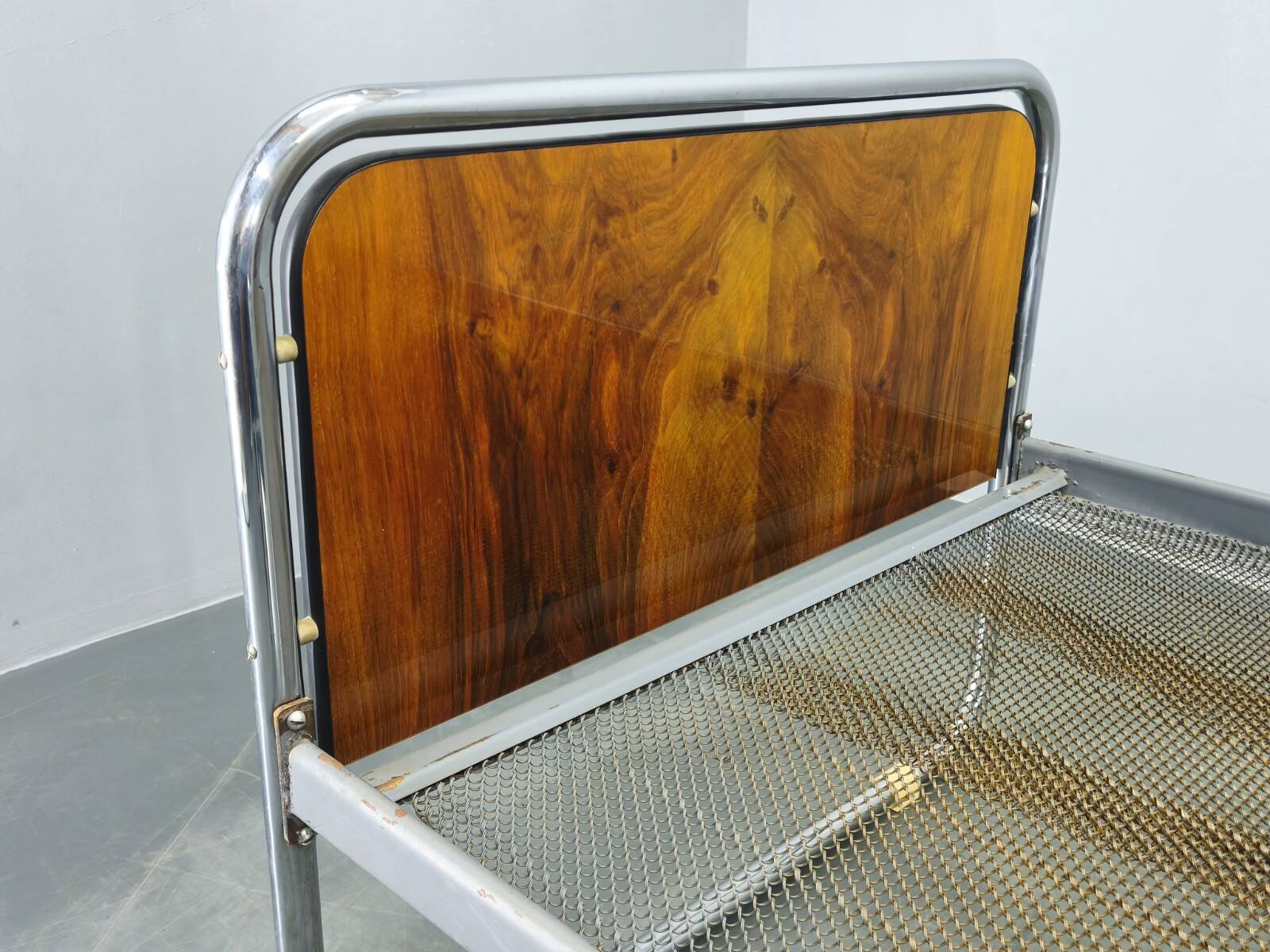 Bauhaus Tubular Steel Bed with Walnut Panels, Czechoslovakia, 1930s