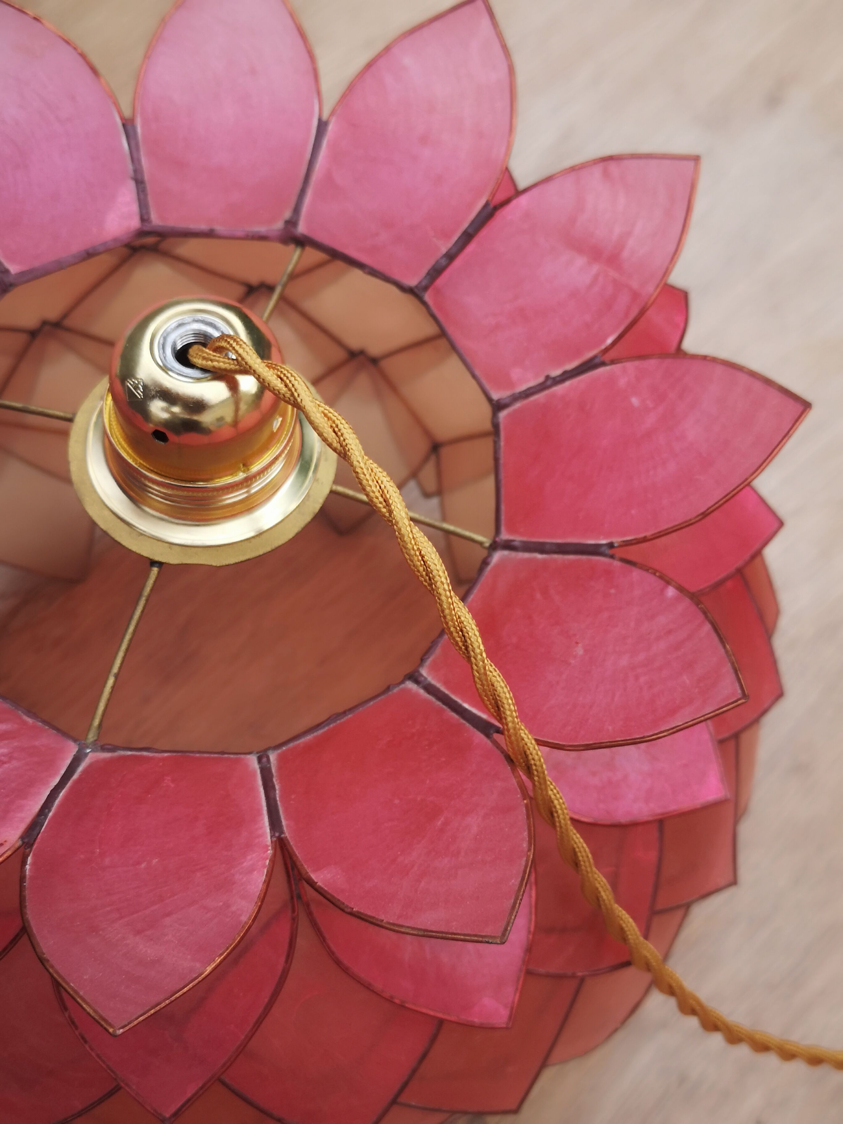 Vintage hanging lamp mother-of-pearl lotus flower and rose-degrading brass