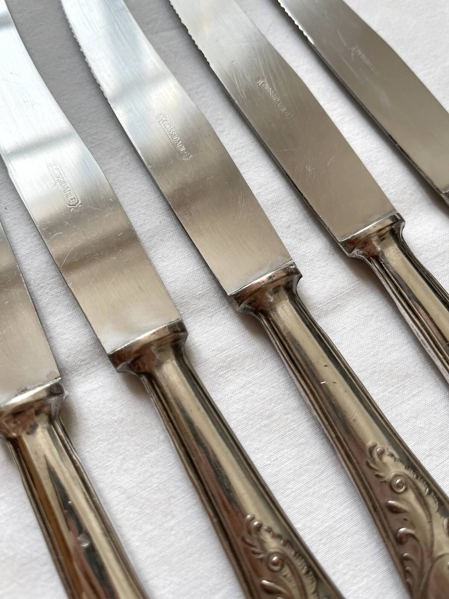 6 antique knives in silver metal and stainless blade