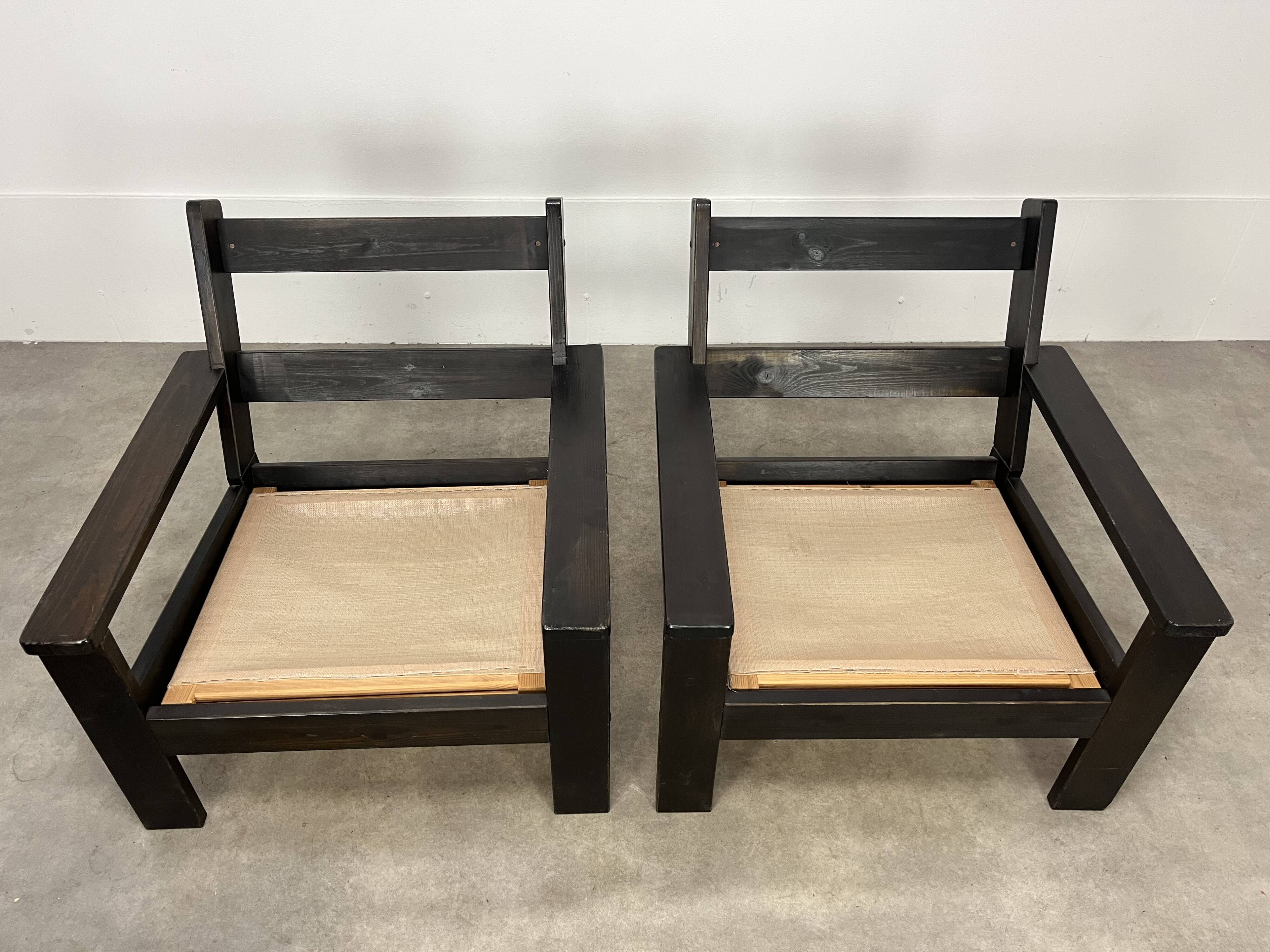 Living room sofa and brutalist armchairs in leather and wood, 70s, chalet style