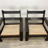 Living room sofa and brutalist armchairs in leather and wood, 70s, chalet style