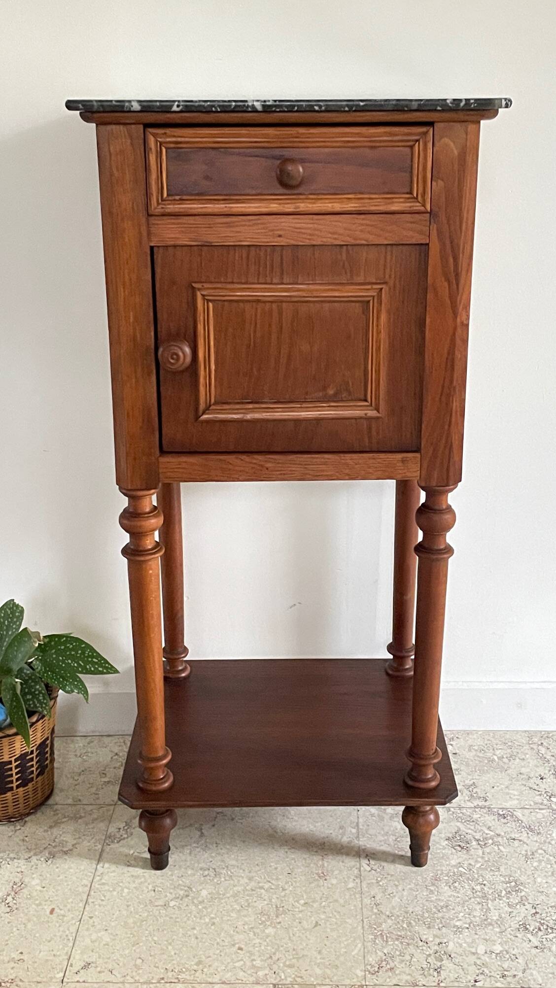Antique bedside table in wood and marble