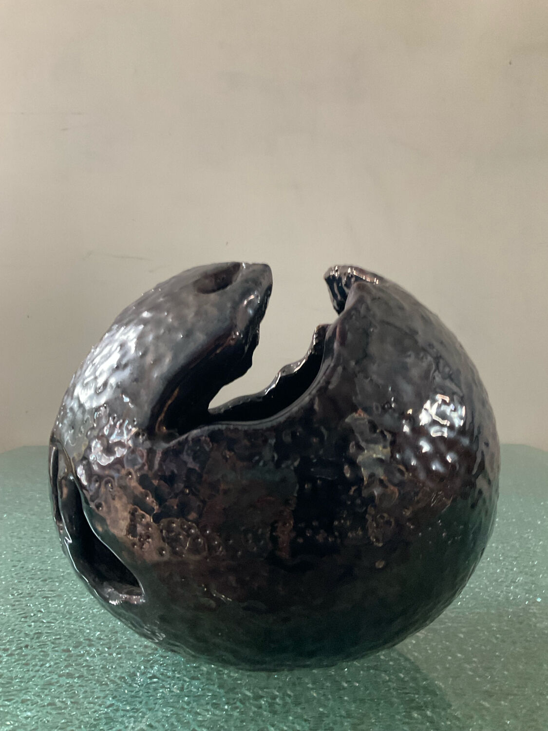 Large brutalist spherical vase in iridescent glazed terracotta