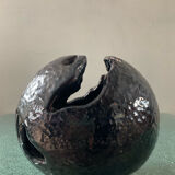 Large brutalist spherical vase in iridescent glazed terracotta