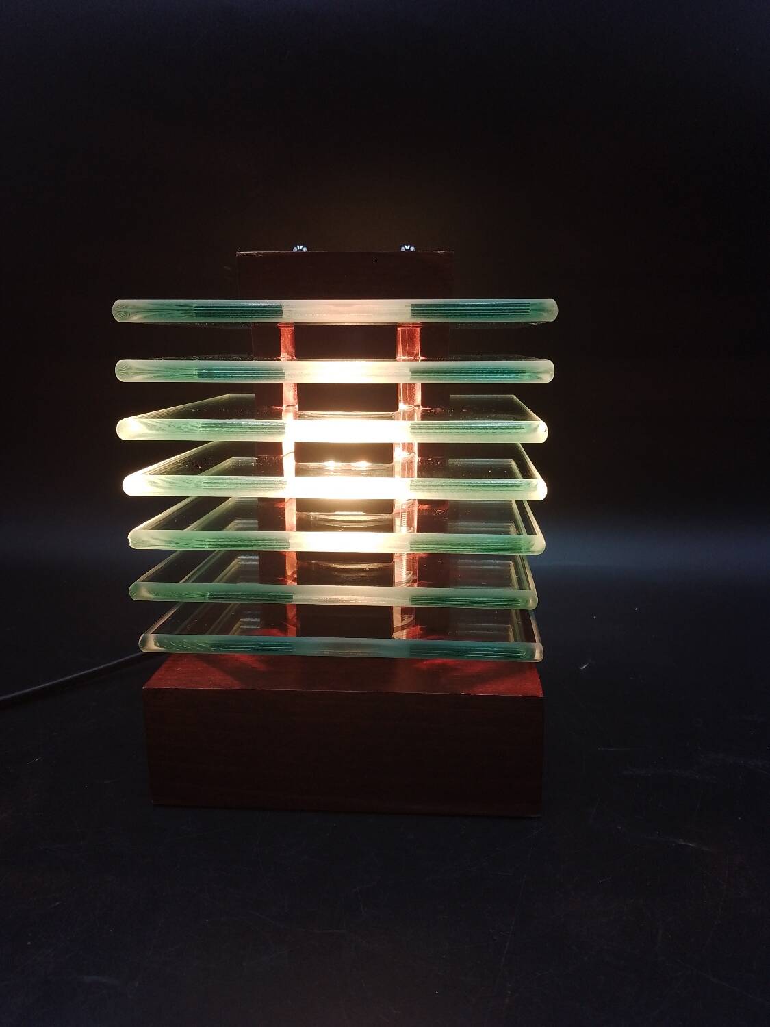 Desny Demeter glass and wood lamp, modernist art deco reissue