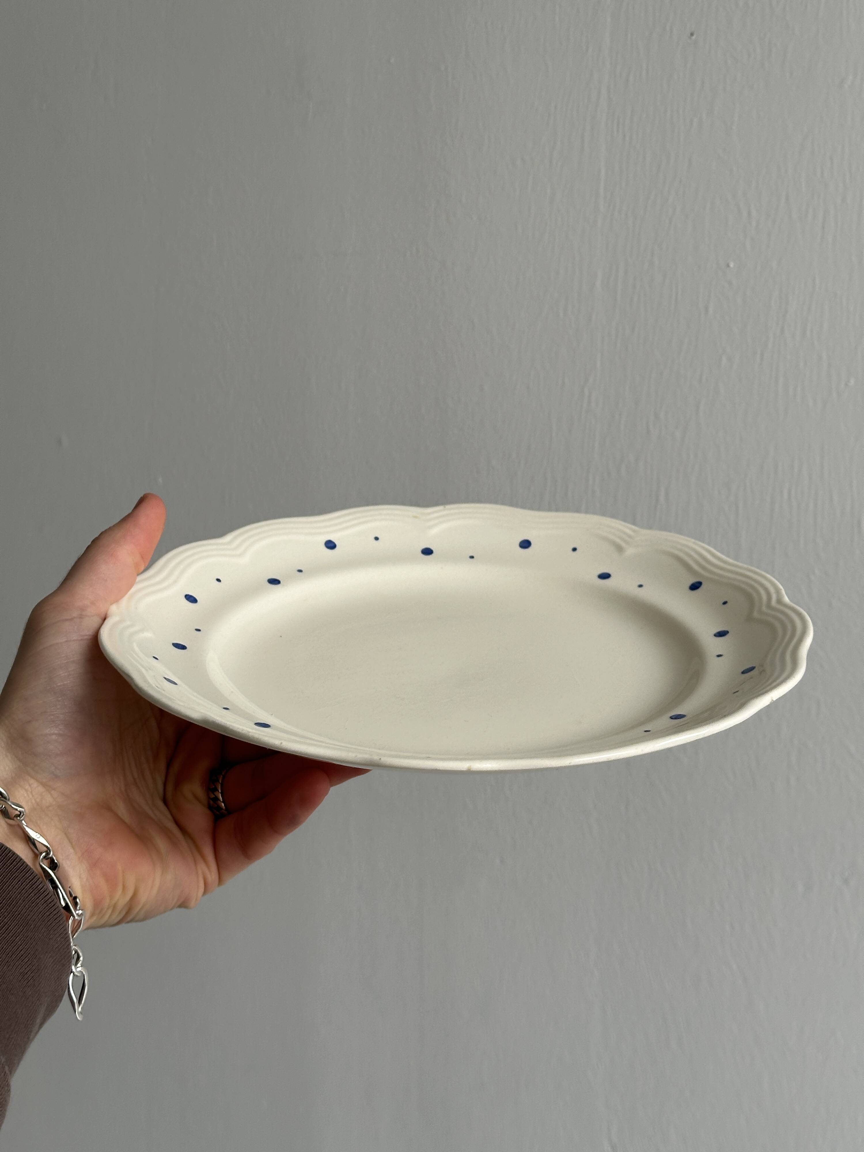 Vintage blue polka dot plate with scalloped edge