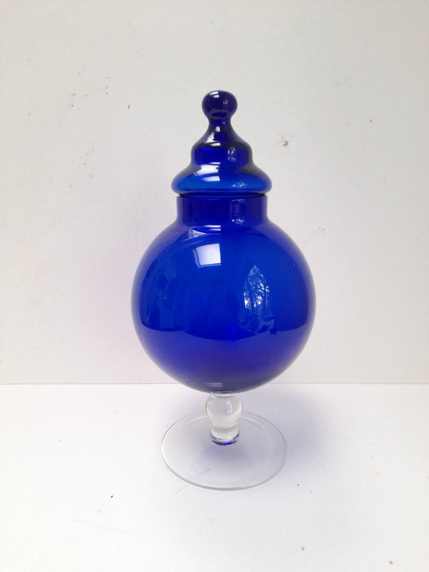 Large blue glass sweet jar on a pedestal from the 80s.