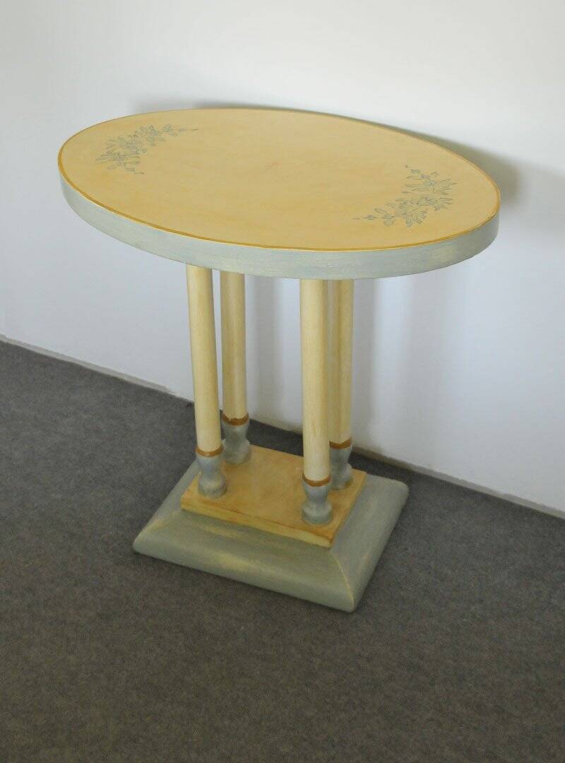 Art Deco oval side table in hand-painted azure blue and yellow wood, 1930s