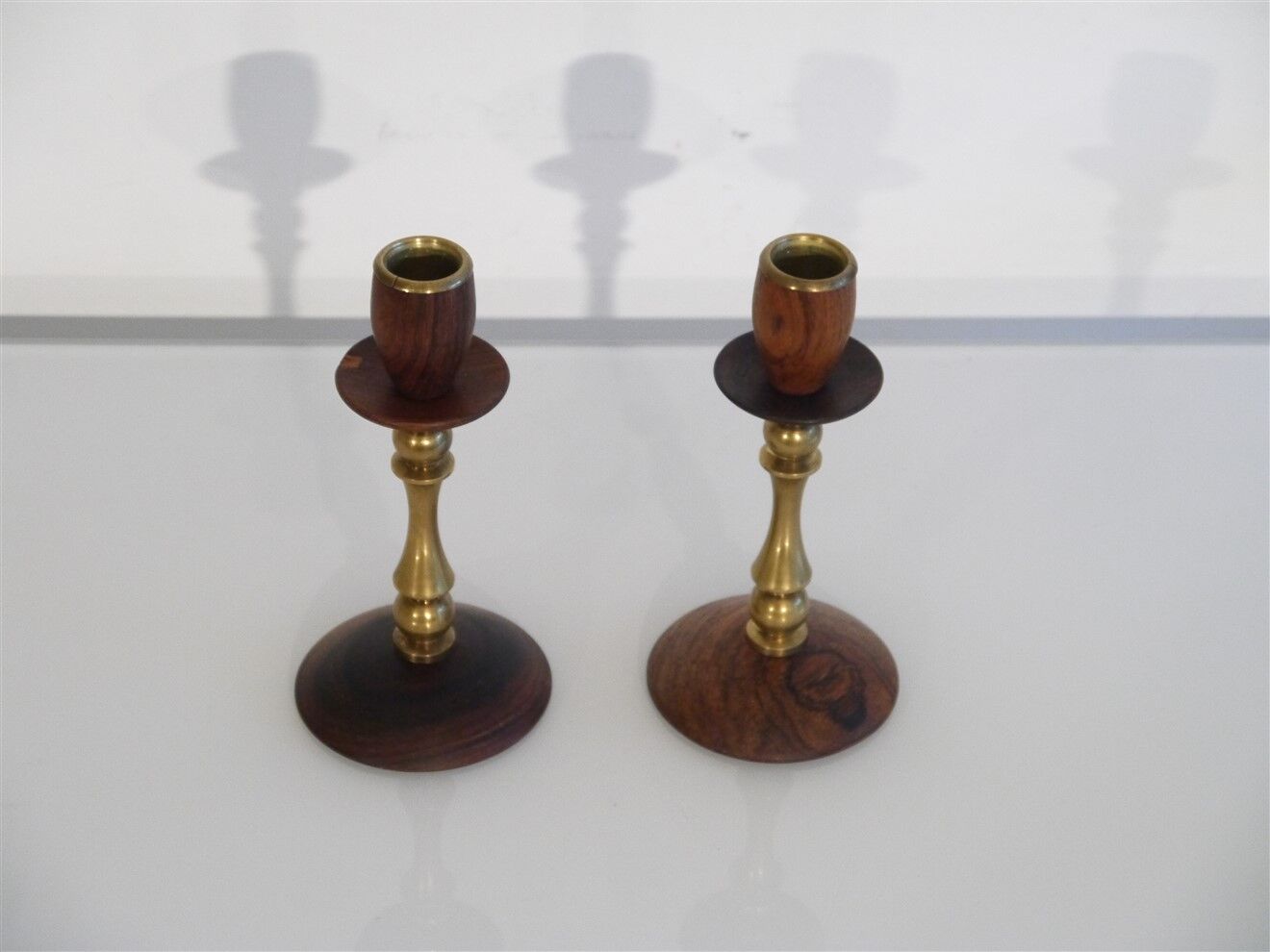 Pair of Danish candle holders in brass and rosewood 1960